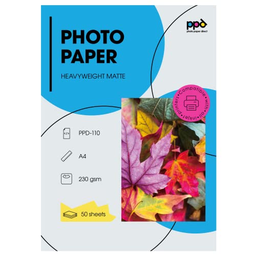 PPD Inkjet - A4 x 50 Hojas de Papel Artístico de Calidad Fotográfica Profesional Mate 230 g/m² - Secado Instantáneo - Para Todas Impresoras de Inyección de Tinta - PPD-110-50