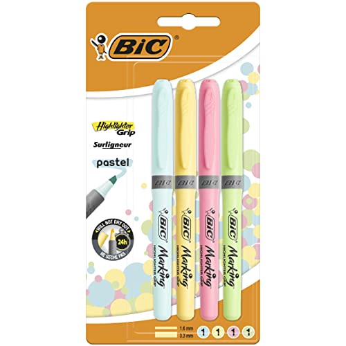 BIC Highlighter Grip Subrayadores Color Pastel, Óptimo para material escolar,Punta Ajustable, Blíster de 4, Yellow, Blue, Green and Pink