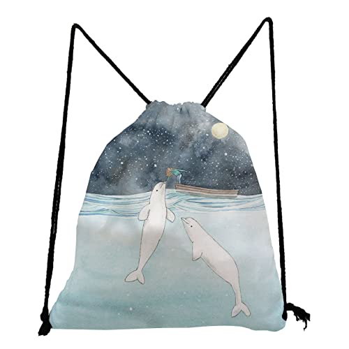 Mochila Con Cordón - Chica De Dibujos Animados Barco De Madera Delfines Blancos Pintura Mujer Mochila Gran Capacidad Bolsas Con Cordón Para Zapatos Escuela Niños Bolsa De Libros Bolso De Almace