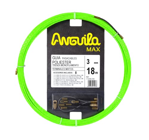 Anguila Max 75330018 Guía pasacables Especial Tubos Estrechos Poliéster Trenzada Monofilamento 3mm 18 Metros y terminales Mixtos, Verde