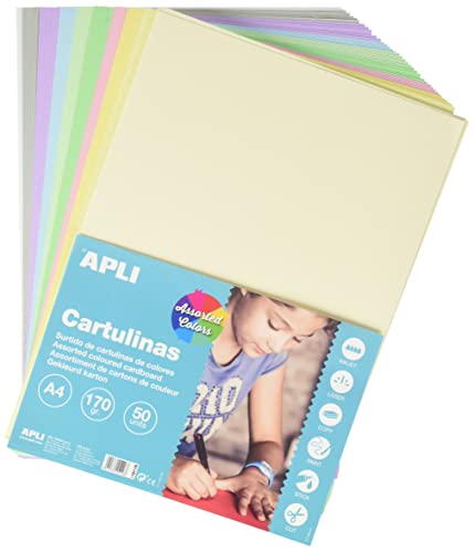 Cartulina apli din a4 170 g/m2 colores pastel surtidos paquete de 50 hojas