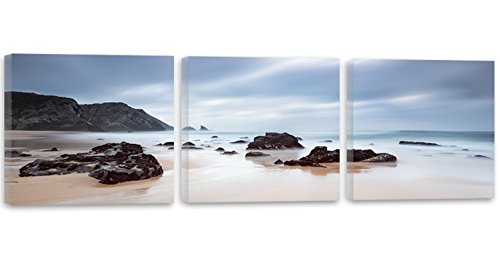 Feeby Cuadro En Lienzo Agua Mar Paisaje 3 piezas 120x40 cm Modernos Impresión Artística Calidad Fotografica Imagen Decoración de Pared Salon Dormitorio Cocina Oficina Pasillo Rocas Vista Azul Negro