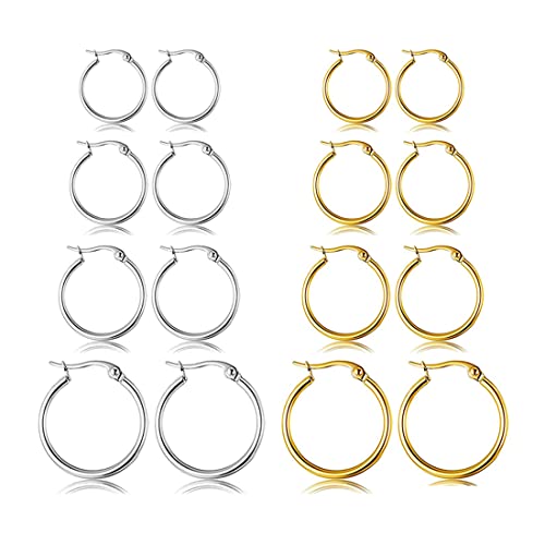 8 Pares Pendientes Aro Mujer Hombre Diámetro 10/15/20/25/30mm Conjunto de Aros Pendientes Plata/oro Mujer Hombre, aretes de aro redondos,para mujeres y hombres,niñas,livianos,cartílago