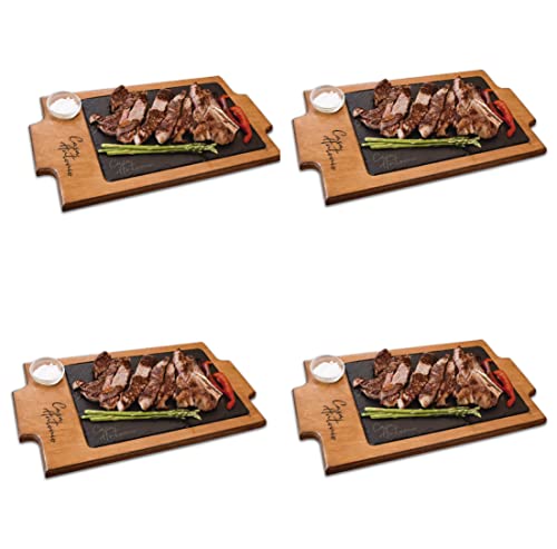 4 Platos de Pizarras personalizados de 20x30 cm con bandeja de madera en color roble personalizada para presentación de carnes