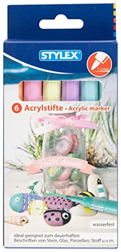 Stylex 32818 - Lápices acrílicos, pastel, 6 unidades, en los colores marfil, naranja, menta, azur, rosa, lila, grosor de trazo de 1 a 2 mm, para escribir permanentemente piedra, vidrio y tela