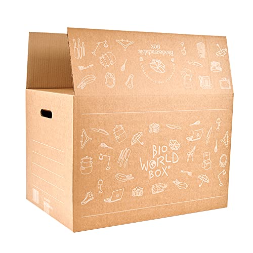 BIOWORLDBOX Pack 10 cajas GRANDES 600x400x400mm con asas para mudanza ultrarresistentes- Fabricadas en España- Biodegradables y ecológicas (PACK 10 uds 60x40x40)