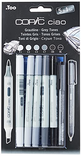 Copic Ciao - Juego de rotuladores (5 unidades, doble punta, incluye rotulador de punta fina 0,3 mm), tonos grises