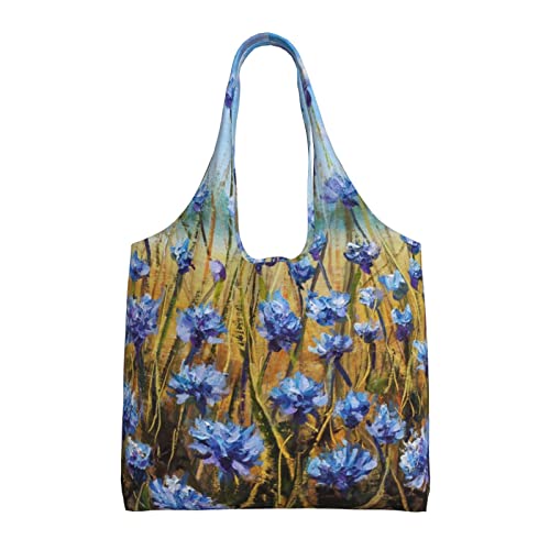 ALLOCS Bolsa de lona de mármol azul, bolsa de hombro reutilizable, bolsa de compras para escuela, trabajo, playa, almuerzo, viajes y compras, Pintura al óleo de flores azules, Talla única