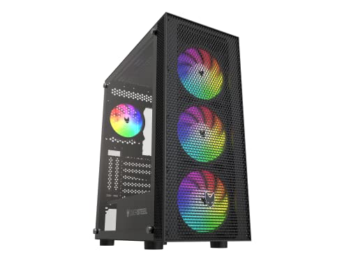 Oversteel Azurite - Caja Pc Gaming Compatible con Placas ATX, Micro ATX e ITX, 4 Ventiladores 120mm A-RGB Incluidos, Frontal Mallado, Instalación Vertical, Cristal Lateral Templado, USB 3.0, Negro