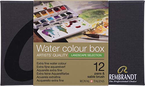 Rembrandt Water Colour Box Landscape Selection - Pintura de acuarela extrafina, caja de metal con 12 cuencos optimizados para paisajes, incluye pincel