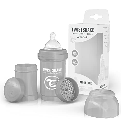 Twistshake Biberón Anti-cólicos con Tetina Flujo Lento de Silicona para Bebés, la Alimentación Biberón Con Tetina Similar al Pecho, Botella para Beber de Leche, 180 ml, Sin BPA, 0+ Meses, Gris Pastel