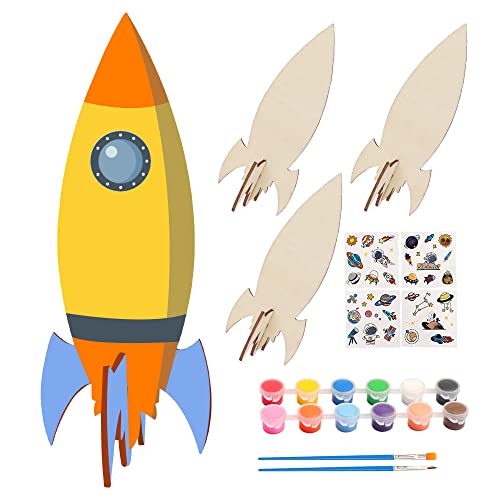 JTgugu 18 Piezas Cohetes de Madera para Manualidades con Pigmento Acrílico Pincel Pegatinas de Dibujos Animados para Decoraciones y Manualidades Infantiles