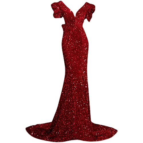 HUANLIAN Vestido de noche formal con cuello en V y lentejuelas rojas para mujer para novia con arco largo hasta el suelo vestido de noche formal, XS rojo