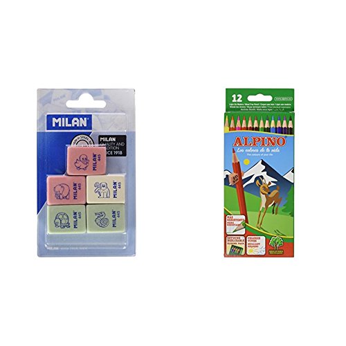 Milan BMM9222 - Pack de 5 gomas de borrar de caucho sintético flexible, modelo de figurinas surtido + Alpino 654 - Lápices de colores