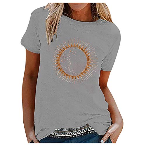 Yowablo Colorido teñido de la Moda O Blusa de Manga Corta Cuello de las Mujeres Top Blusa de las Mujeres Camisas Apretonadas para las Mujeres de Corte Suelto, gris, M