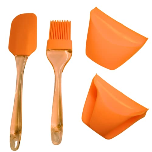 Espátula Pack con Pincel y Manoplas, Utensilios de Silicona para Hornear y Cocinar. Juego de Lengua, Cepillo y Guantes de Cocina para Horno. Desmontables, Antiadherentes Resistentes al Calor (Naranja)