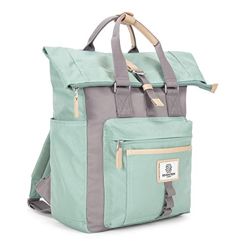 SEVENTEEN LONDON – Mochila Canary Wharf Moderna y Elegante en Verde Pastel & Gris en Estilo Enrollable y doblada computadora portátil de hasta 15