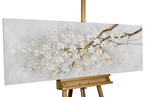 Kunstloft Cuadro decorativo | 100% PINTADO A MANO | 150x50cm | Pintura 'Entre ramas que se cruzan' | Flores | Blanco | Cuadro moderno en lienzo