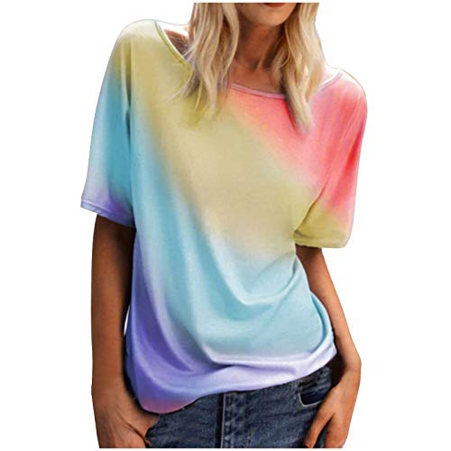 Yowablo Camiseta de manga corta O-Cou moda impresa verano mujeres sueltas tie-Dye Tops Blusa para las mujeres Camisas abotonadas extra largas para las mujeres, rojo, XL