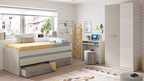 Miroytengo Habitación Juvenil o Infantil Completa con Somier Incluido en Color Blanco Alpes y Basalto (Cama Nido+Armario+Escritorio)