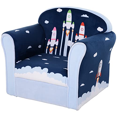 HOMCOM Sillón Infantil Sofá para Niños +12 Meses con Dibujos de Cohete Estructura de Madera Cubierta de Franela de Espuma 50x39x44cm Azul