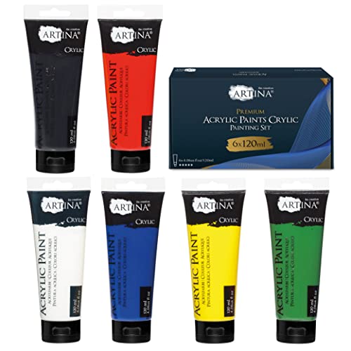 Artina Crylic 6 x 120 ml Set de acrílicos - Colores primarios para artistas y principiantes