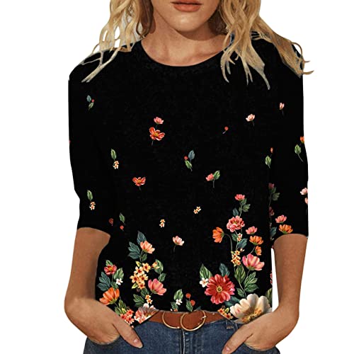 Camisas de Manga de Primavera Tops Blusas 3/4 Casual Cómodo Redondo Cuello para Mujer Blusa Suelta de de Verano para Mujer Camiseta De Seda Mujer Camisetas Dibujos Mujer Camisas Mujer Noche