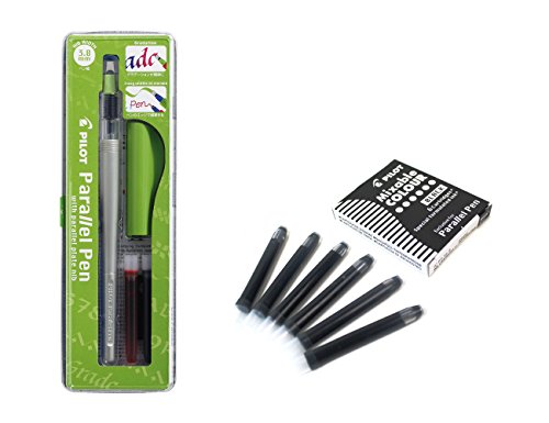Lote 1 Pluma Caligráfica Pilot Parallel Pen plumin 3.8 mm Recargable + Caja con 6 Recambios Color Negro Pluma Pilot Parallel Pen