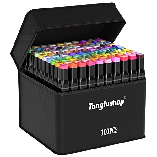 Tongfushop Rotulador de 100 Colores, Marcadores Impermeabile, Marker Pen, Rotuladores Doble Punta con Base y Maletín de Transporte, Adecuado para Bocetos, Cómics y Garabatos