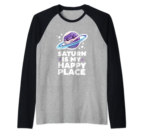 Saturno es mi lugar feliz planeta Kawaii lindo astronomía espacial Camiseta Manga Raglan