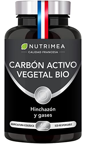 Carbón Activo Vegetal BIO 100% natural | Hinchazón Gases y Digestión | 95% de Carbono Alta Adsorción | 60 Cápsulas Veganas Nutrimea | Fabricado en Francia
