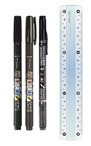 Juego de 3 bolígrafos Tombow Brush Pen Fudenosuke, punta suave + dura (color de escritura negro) + doble lápiz (color negro + gris) incluye regla gratis