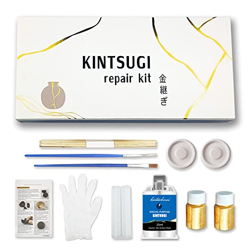 Kintsugi - Kit de reparación de tazones y jarrones de cerámica con pegamento en polvo dorado, kit de Kintsugi básico perfecto para principiantes, fácil artesanía Kintsugi