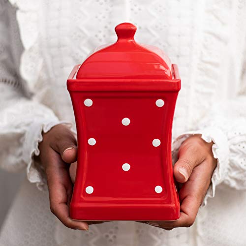 City to Cottage® Cerámica en Rojo y Blanco | Diseño de Lunares | Hecha y Pintada a Mano | Recipiente Grande de Cerámica con Tapa para Cocina 31,5 oz/900 ml | Contenedor de Comida | Bote