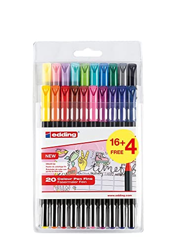 edding 1200 rotulador de color de trazo fino - multicolor - 16 bolígrafos + 4 de regalo - punta redonda 1 mm - rotulador para dibujar y escribir - set de vuelta al cole