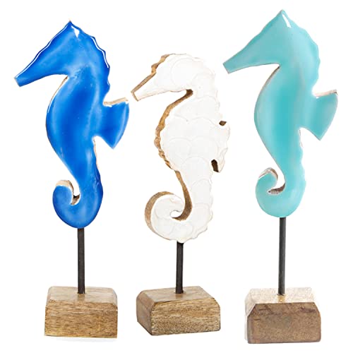 Logbuch-Verlag Juego de figuras de caballito de mar, 3 figuras decorativas marítimas, caballo de mar azul + blanco + turquesa de madera, 18-23 cm