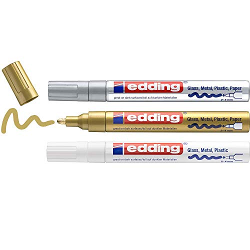 edding 750 marcador de tinta opaca brillante - blanco, oro, plata (metálico) - 3 rotuladores - punta redonda 2-4 mm - para vidrio, piedras, madera, plástico, papel - color permanente