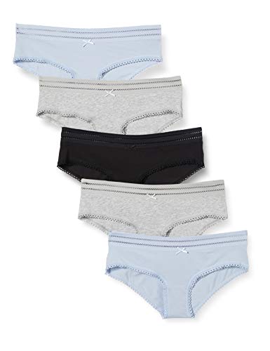 Iris & Lilly Ropa Interior Tipo Hípster Sexy de Algodón Mujer, Pack de 5, Negro/Gris Mezcla/Azul Pastel, 40