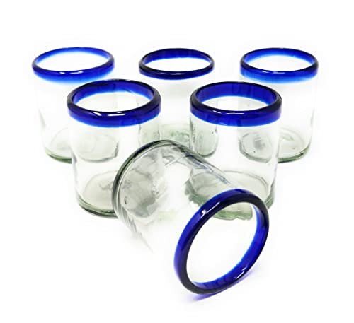 Vasos de beber mexicanos soplados a mano, juego de 6 vasos con bordes azul cobalto (10 onzas cada uno)