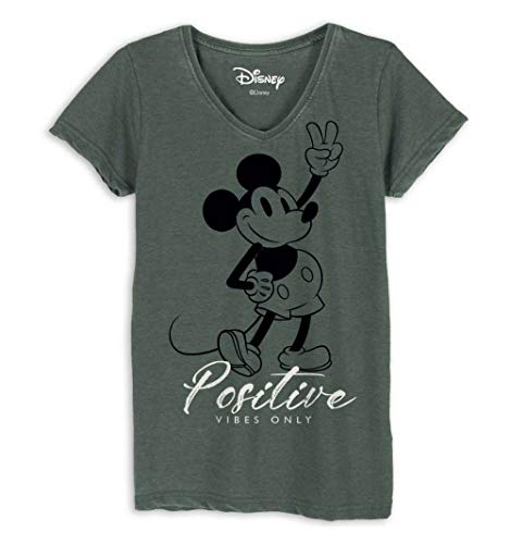 Mickey Mouse - Camiseta vintage para mujer - Positive Vibes (gris oliva) (S-L)., Gris verdoso, S