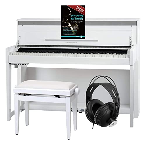 Classic Cantabile UP-1 WM Piano Vertical Digital - 88 Teclas con Peso - Teclado electronico con USB, MIDI, 40 voces, 256 polifonía - Organo musical Set con Banqueta y Auriculares - Blanco Mate