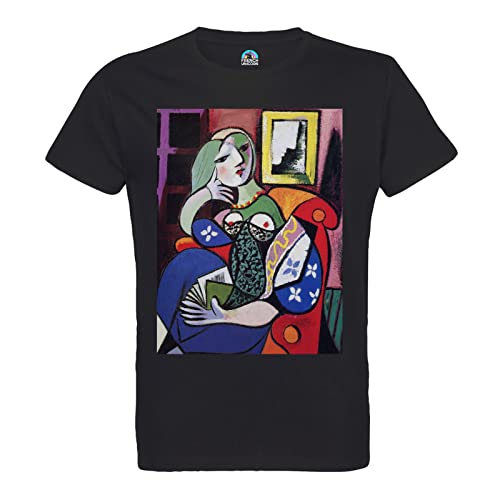 Camiseta Hombre Cuello Redondo Algodón Orgánico Mujer con Libro Pablo Picasso Pintura Moderna, Noir, XL
