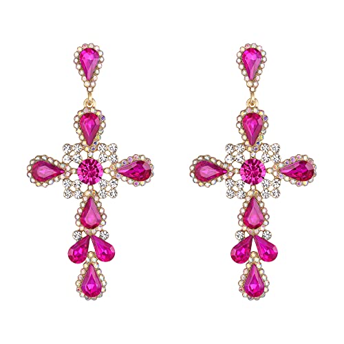 EVER FAITH Pendientes Mujer Cristal de Diamantes de Imitación Cruz Grande Bohemia Vintage Aretes Colgantes Violeta-Rojo Tono Dorado