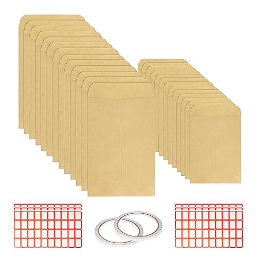 LANSKYLAN 200 PCS Sobres de Papel Kraft Mini Bolsa de Papel Kraft Pequeñas Bolsas de Regalo de Papel Sobres Marrones con Cinta de Doble Cara y Pegatinas para Monedas Semillas Caramelo (10*6cm/12*9cm)