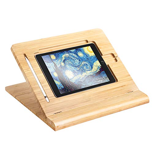 ELETIUO Soporte ajustable para tableta, organizador de madera de bambú multiángulo, soporte de escritorio para iPad, estable para dibujar, ver y escribir (compatible con múltiples dispositivos)