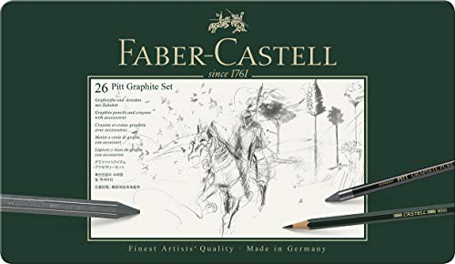 Faber-Castell 112974 - Estuche de metal con 3 ecolápices acuarelables, 9 grafitos 9000, 3 grafito Pitt puro, 3 grafitos y accesorios, multicolor