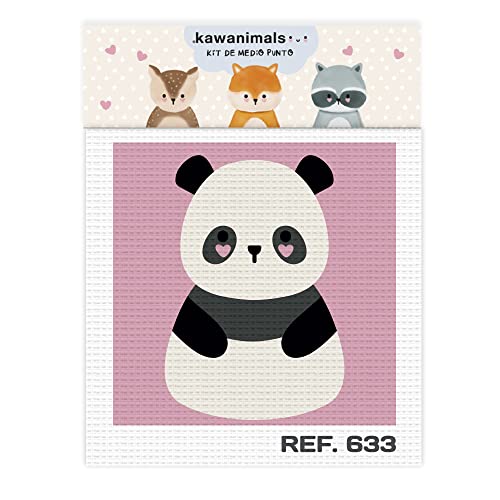 Haberdashery Online Kit medio punto con dibujos de Kawanimals. Punto de cruz manualidad DIY para niños, incluye dibujo e hilos de colores según estampado. Lienzo de 18 x 15 cm. (633)