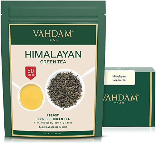 VAHDAM, Hojas de Té Verde del Himalaya (50 Tazas) | 100% NATURAL Y | Sirve de Infusión Caliente | Té Kombucha | Té Verde Puro a Granel, 100g