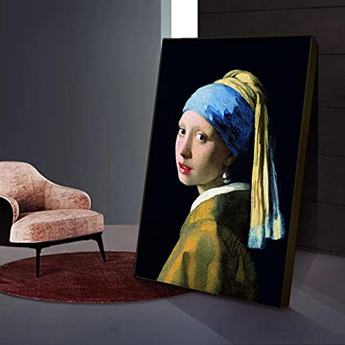 GUANMING Obra maestra de Jan Vermeer La chica de los pendientes de perlas Retrato clásico Arte Lienzo Pintura Decoración del hogar Mural 60x40cm Marco interno