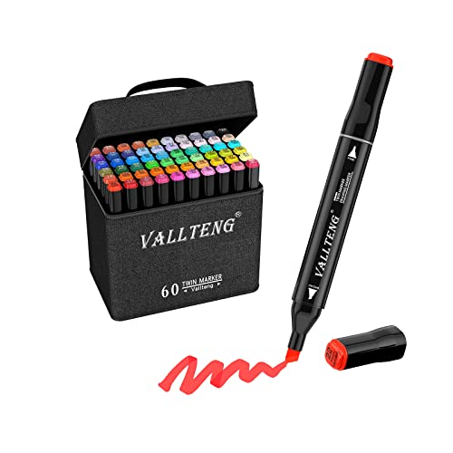 Vallteng Marcadores permanentes de arte de 60 colores, doble rotulador, punta fina, diseño de animación negra para dibujar y colorear con bolsa negra